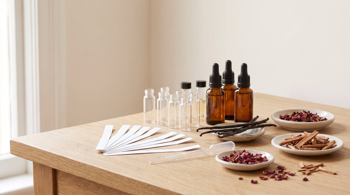 A perfumer's bench with glass vials, scent strips and perfume ingredients